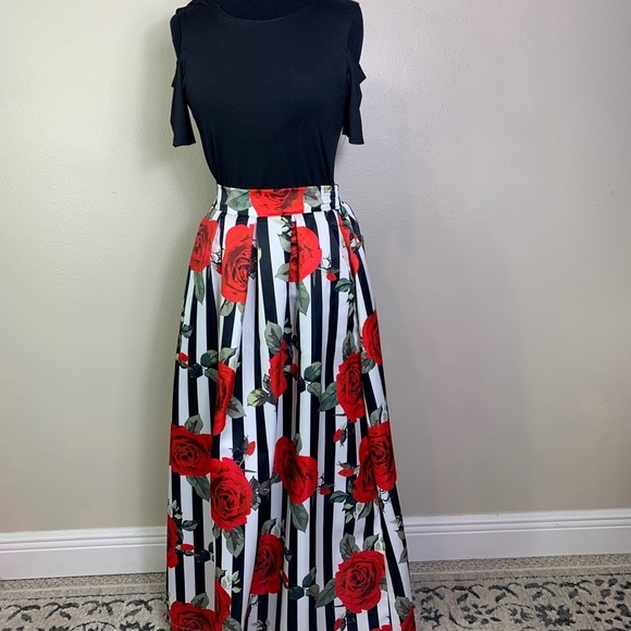 WOMEN’S 2 pcCold Shoulder Top Rose Print Maxi Skirt Pockets Medium - Picture 6 of 13